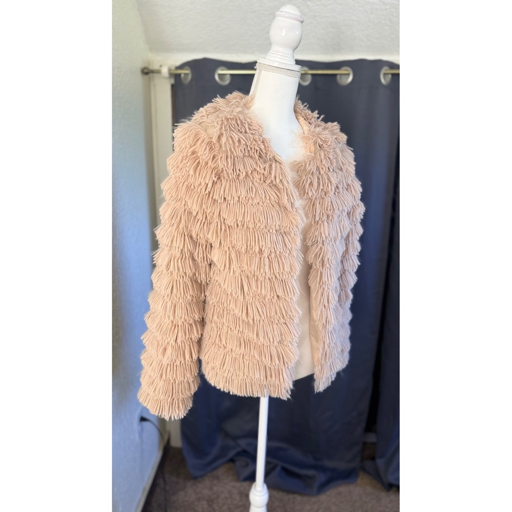 Coffee Beige Shaggy Fringe Faux Fur Tiered Jacket Women's Medium NY0472